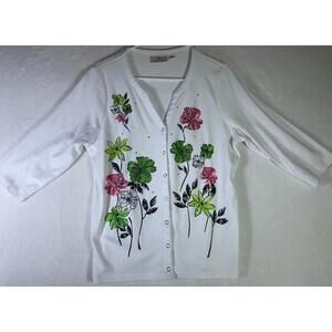 Quacker Factory Jeanne Bice Large Cardigan Embroidery Beaded Flowers Sweater